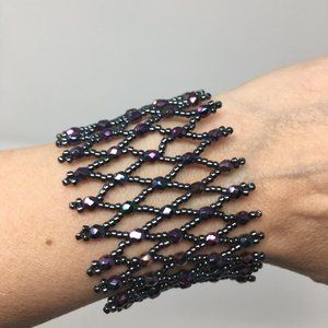 Hematite Iridescent Purple Glass Crystal Wide Open Net Seed Bead Cuff Bracelet